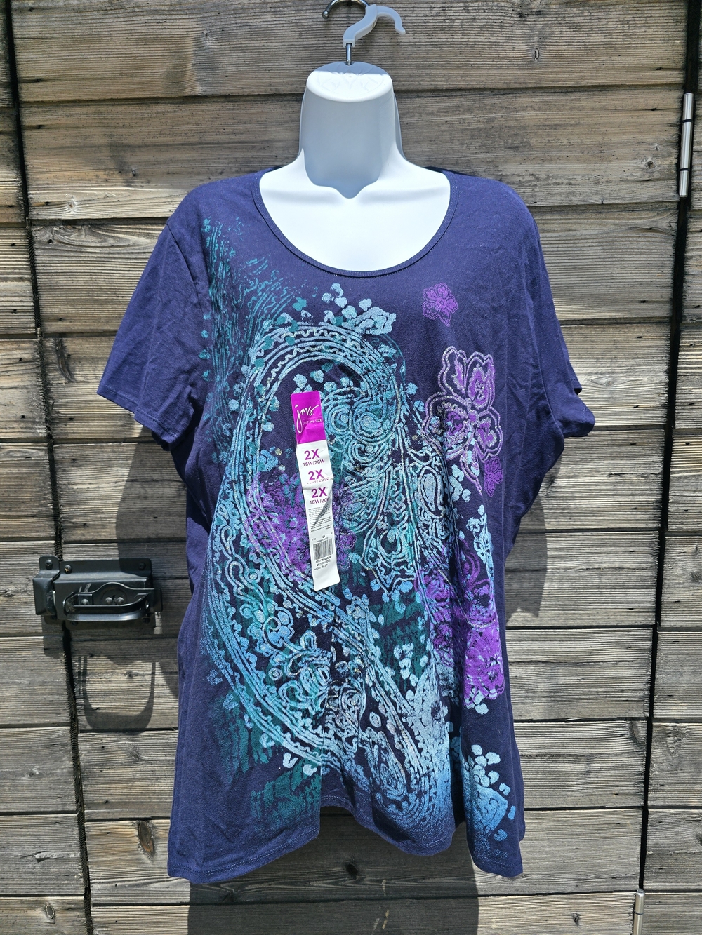 Plus Paisley Scoop Neck Tee - Navy with Teal & Purple Graphic